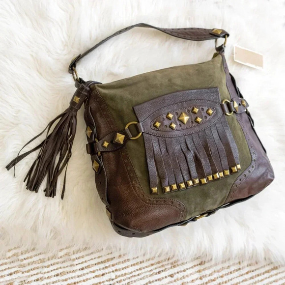 NWT! MICHAEL KORS COLLEGIATE STUDDED BROWN LEATHER OLIVE GREEN SUEDE BAG - Picture 5 of 15